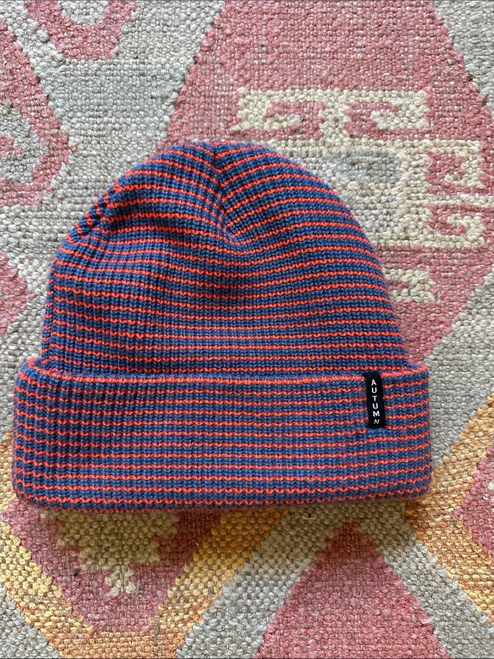 Autumn Striped Knit Beanie - Red and blue